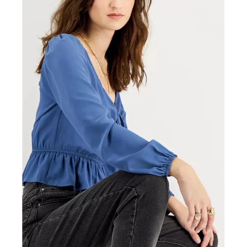 Kingston Grey Juniors' Sweetheart-Neck Ruffled-Hem Top, Size L, New - Picture 3 of 3